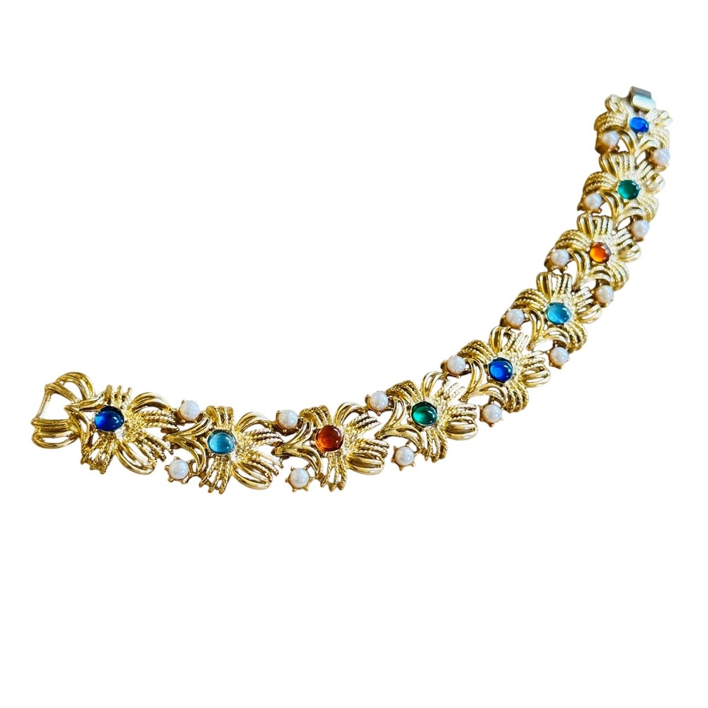 VTG Regal Cabochon Pearl Bracelet Gold Plated Panel Link Gripoix Style France 7"
